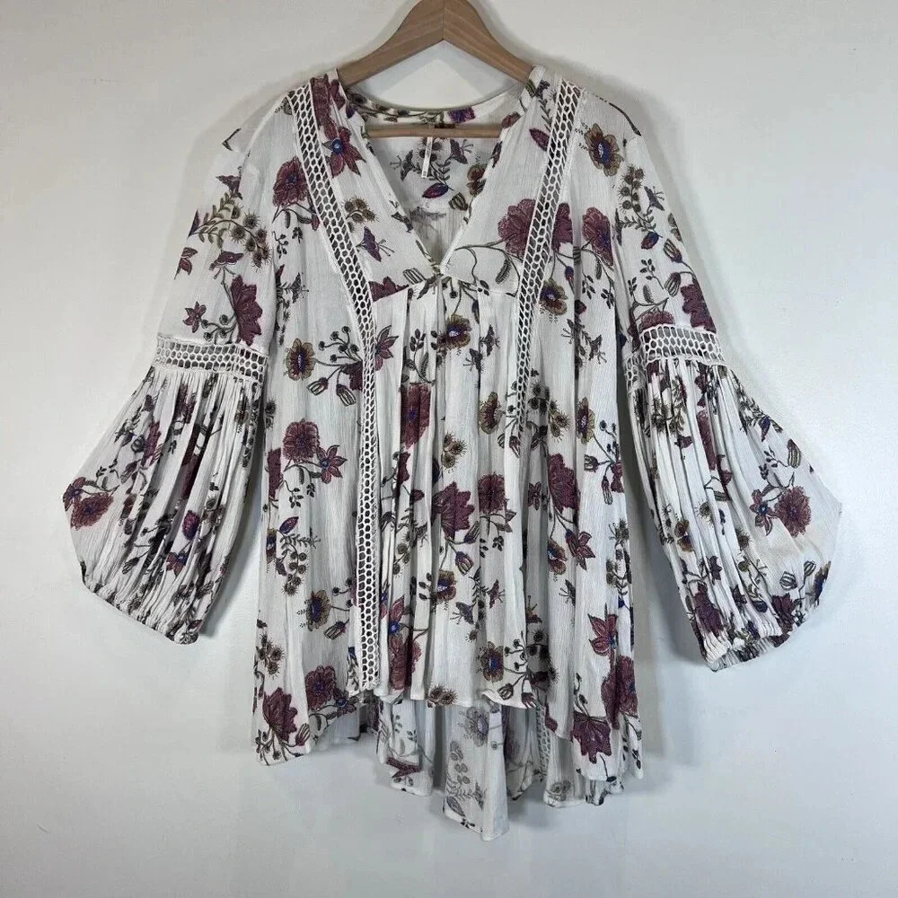 Free People Easy Breezy Floral Tunic XS Cream Brown Orange Yellow Macrame Detail